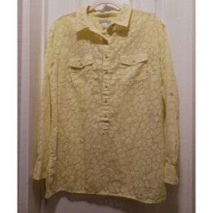 Dana‎ Buchman Womens Button Up Yellow Shirt Long Sleeve Lace Inset Size L